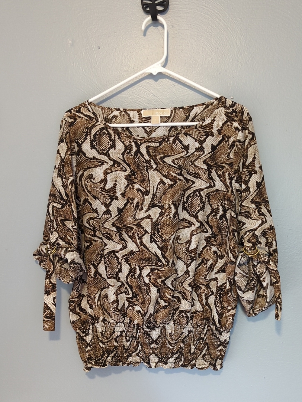 Michael by Michael Kors Brand Snake Skin Boat Neck Roll Sleeves Blouse Large L